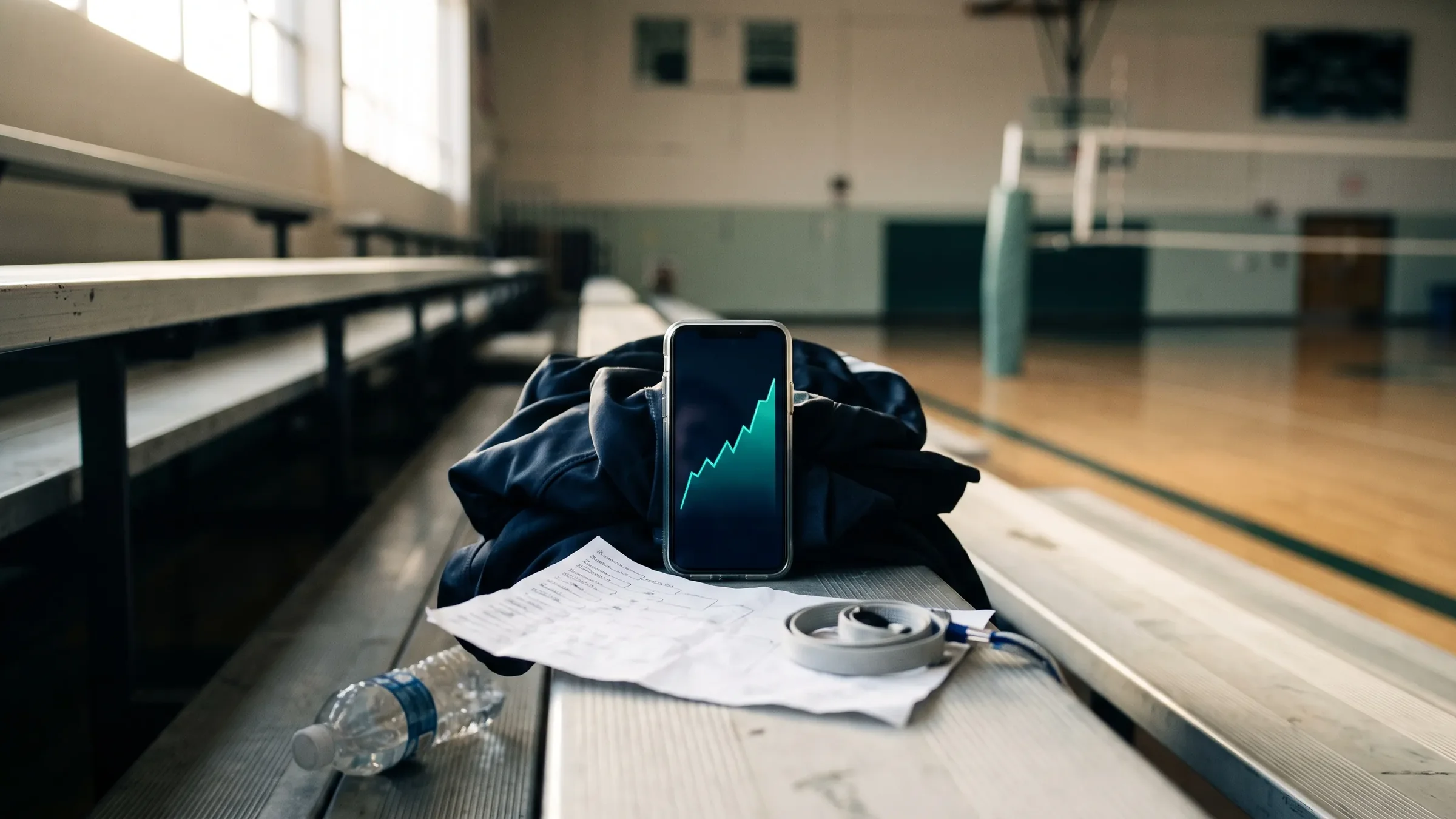 A phone showing a rising teal chart, propped on a jacket in the empty bleachers of a gym after the last match of the season