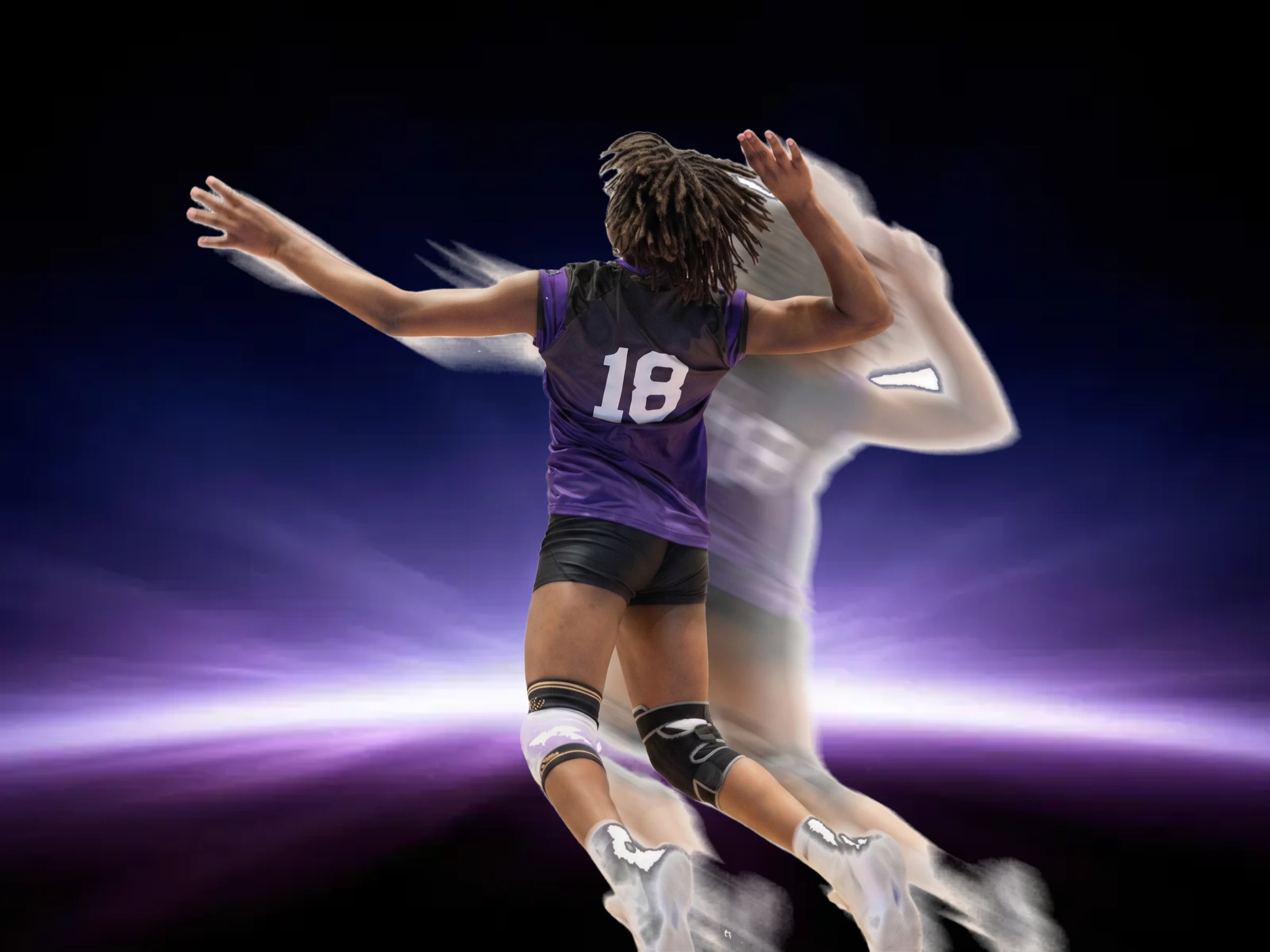 A club volleyball player rising for a swing against a burst of violet stage light