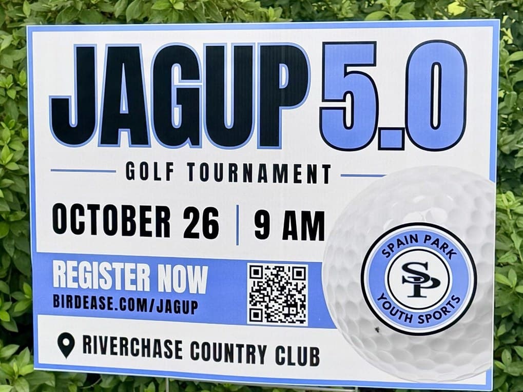 A printed 'JagUp 5.0 Golf Tournament' yard sign designed for Spain Park Youth Sports