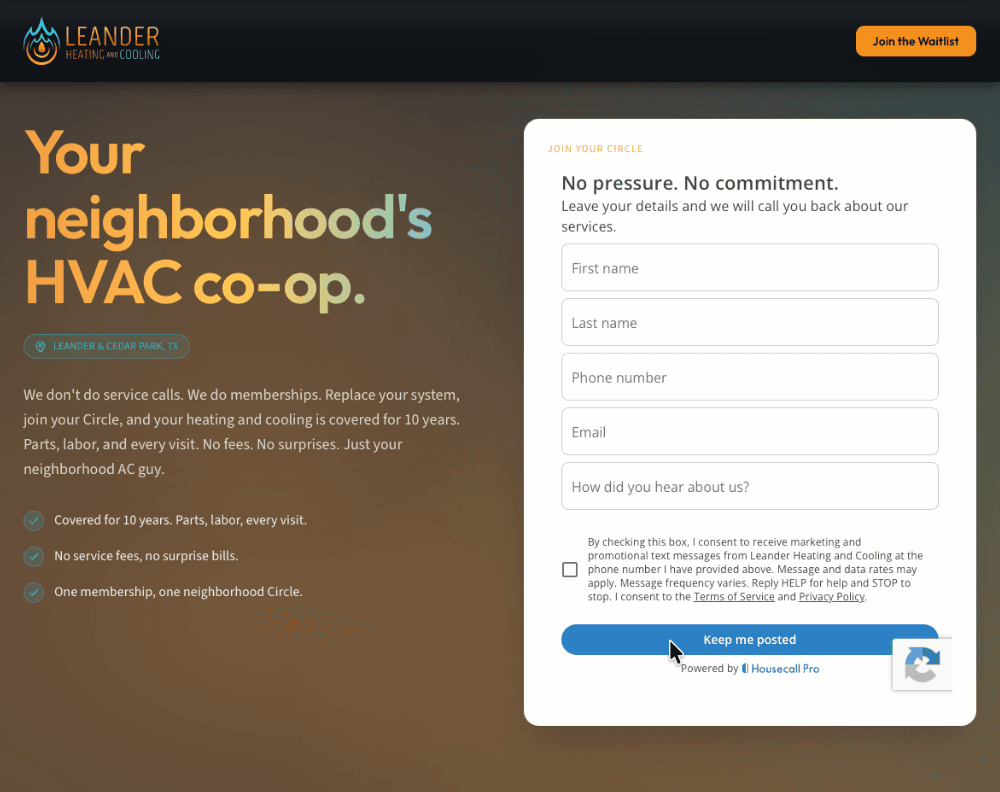 A launch landing page built for Leander Heating & Cooling