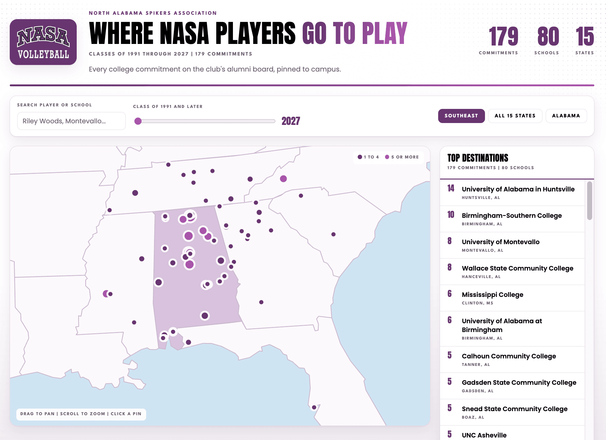 An interactive map web app charting every college commitment for North Alabama Spikers Association volleyball players